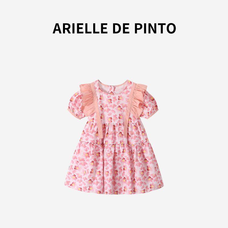 French Arielle De Pinto Girls  Dress Summer Simple Casual Petal Short-Sleeved Floral Princess Dress Pink 130