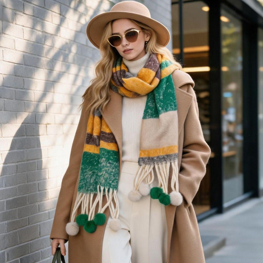 Loop Yarn Rainbow Tassel Shawl Rabbit Fur Ball Women Cape Simple Warm Wraps Student