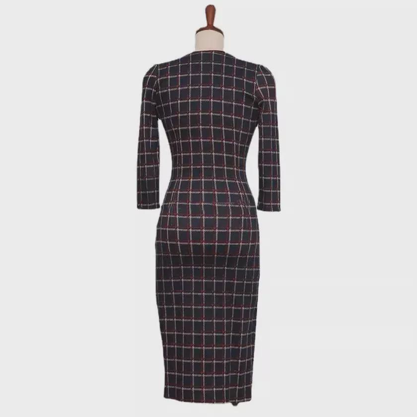 2025 Spring/Autumn Women's Retro Plaid Mid-Length Slit Dress