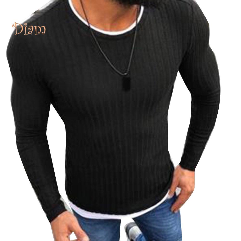 TOPMART-MEN's WEAR Color Block Patchwork O Neck Long Sleeve Pullover Knitted Sweater