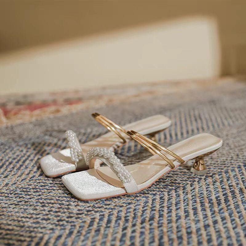 

Fashion Women s Shoes Slippers Heeled Sandals Designer Slides Elegant Woman Heeled Fashion Pearl Middle Heel Square Toe Summer Party 40 бежевый