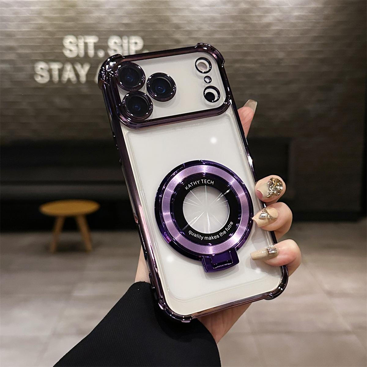 

For Apple 17promax Acrylic Phone Case for IPhone 16E Magnifier Bracket Electroplated Four Corner Anti Drop For iPhoneXSmax