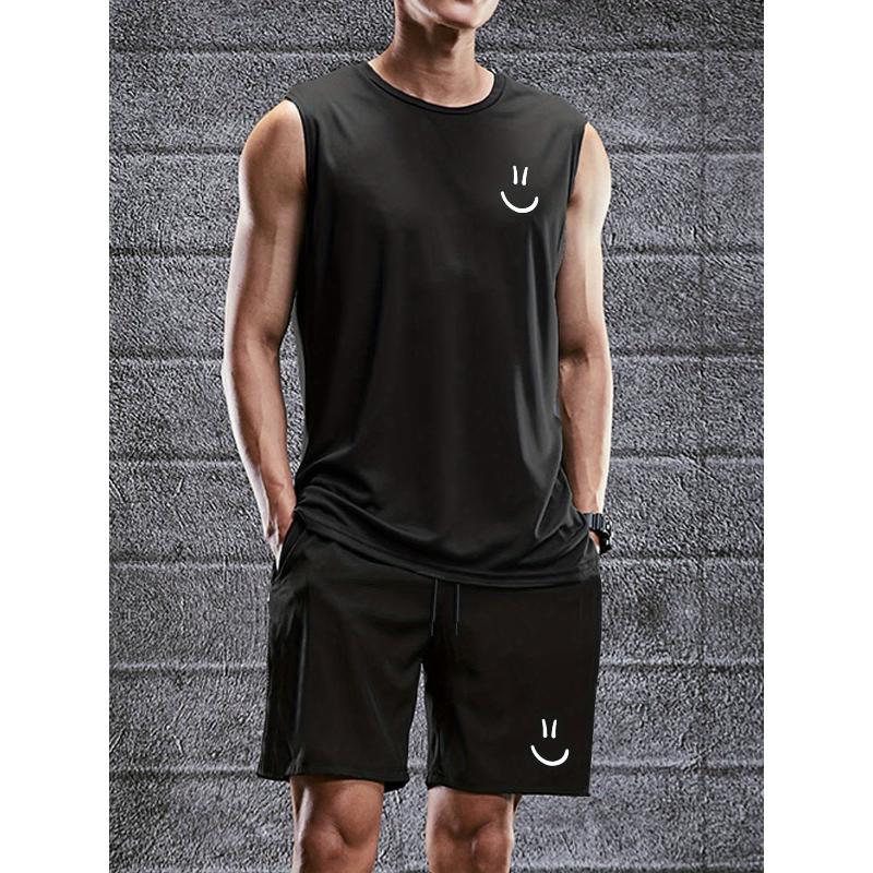 

Trendy Graphic Print Tank Top and Shorts Polyester Set for Men Breathable Elastic Hem Relaxed Fit Summer XXL чорний