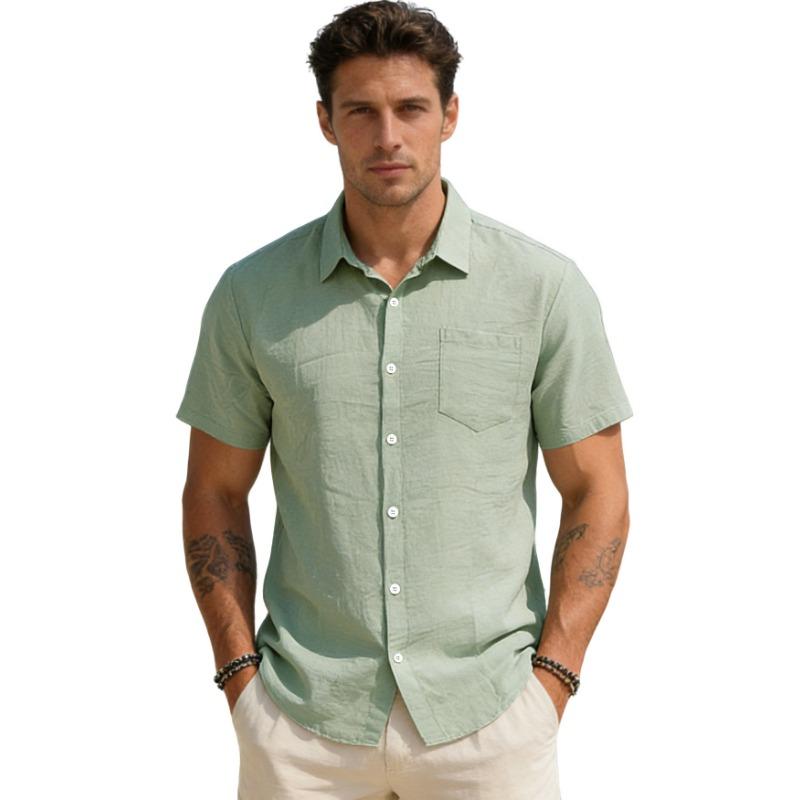 Mens Casual Solid Color Linen Blend Short Sleeve Button Up Shirt With Pocket