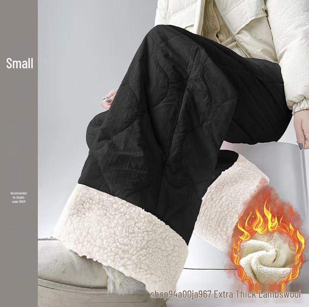 Women's Pink Fleece Cotton Wide-Leg Pants - Winter 2025 Casual Warm Plus Velvet Design
