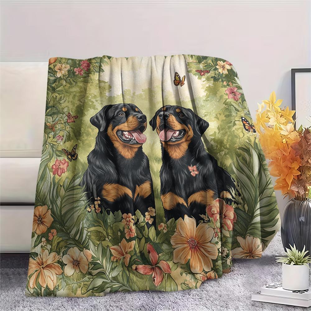 Rottweiler and Garden,pattern Flannel Blanket, High quality Comfortable for All Seasons, Home Decor, Warmth and Comfort, Perfect for Gifts.