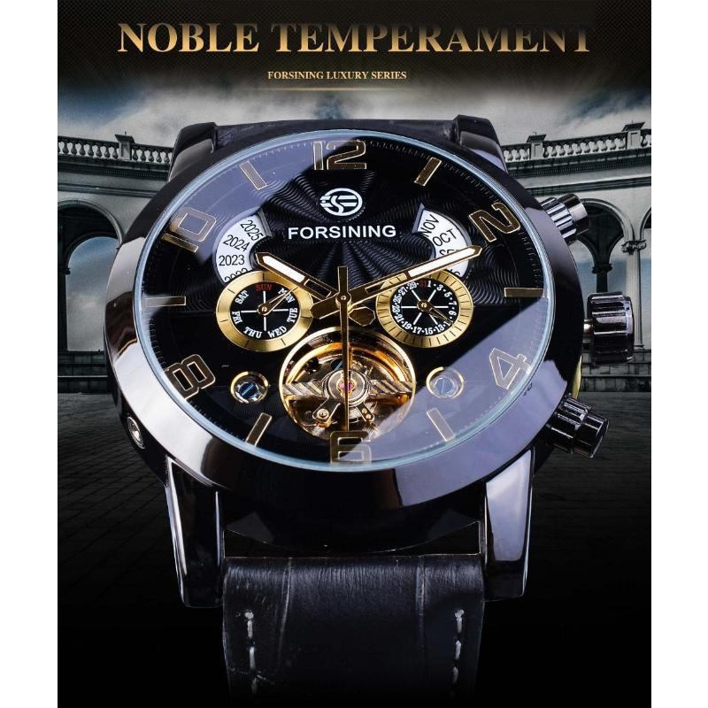 FORSINING Men's Tourbillon Mechanical Watches Calendar Automatic Movement Genuine Leather Strap Wrist Watches