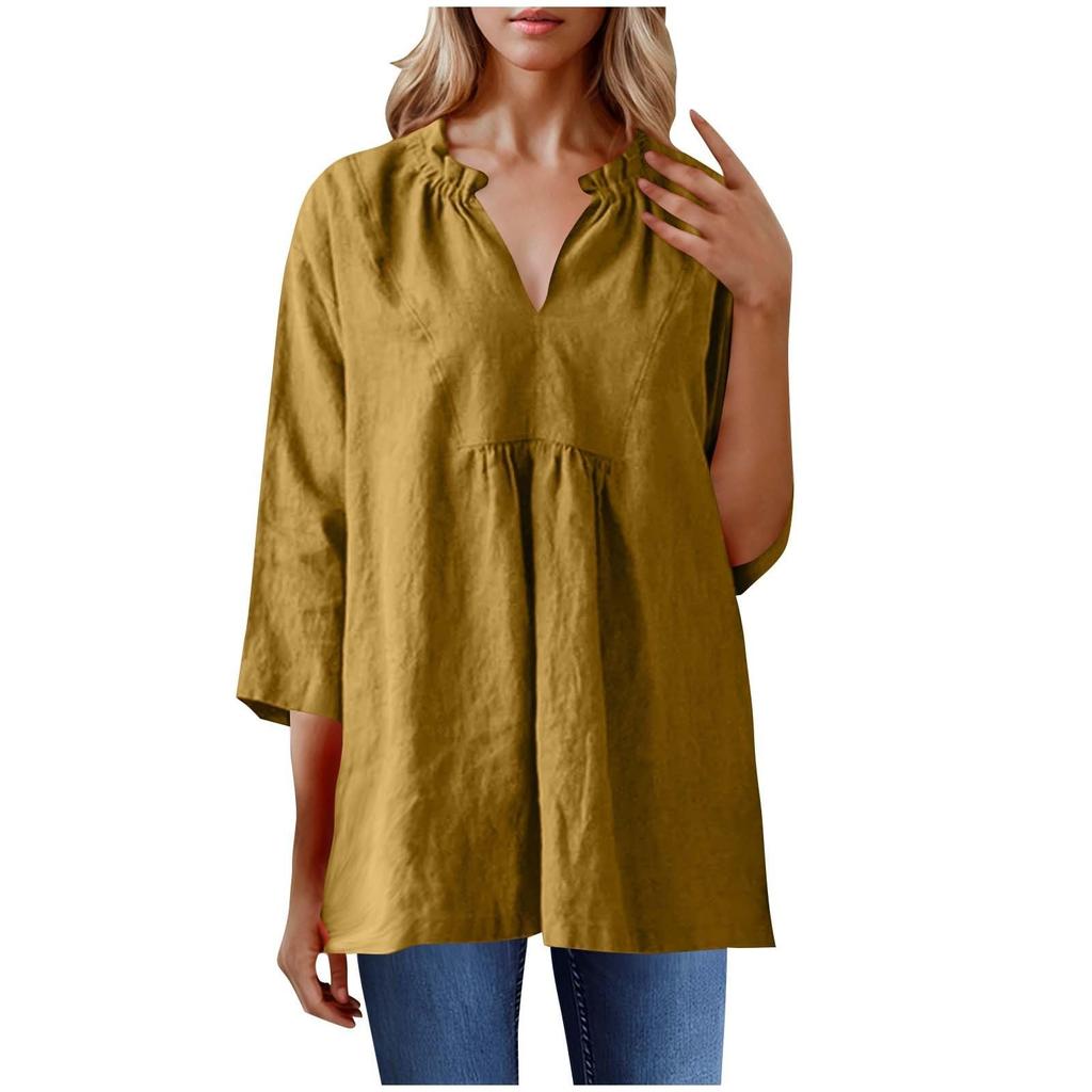 Women's Casual Loose Cotton Linen Solid Color Seven Quarter Sleeve Pleated V-Neck Shirt Top