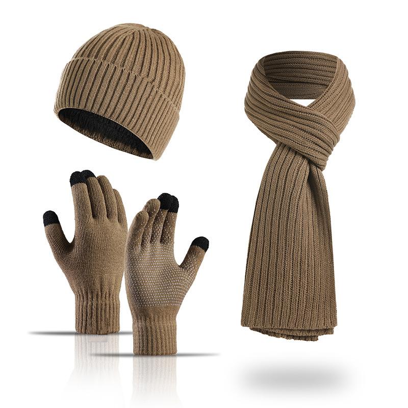 Unisex Custom Logo 3pcs Knitted Plain Polyester/Cotton Beanie Hat Scarf Gloves Set Long Warm Winter Clothing for Men Women