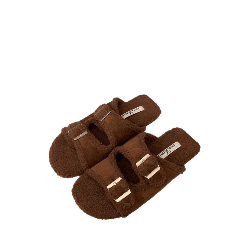 Belt buckle retro fluffy slippers for women's outer wear 2025 new autumn and winter indoor flat-bottomed velvet thermal cotton slippers