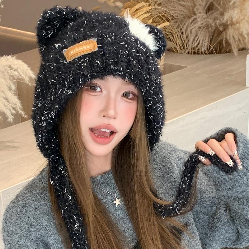 Süße Bärenohren Plüschtasche Hut Damen Winter Warm Ohrschutz Kalt Gestrickte Mütze Großer Kopfumfang Wollmütze