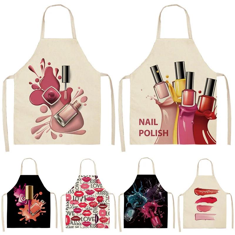 Nail Polish Lipstick Kitchen Cotton Linen Apron Bib Home Cleaning Ladies Cooking Picnic
