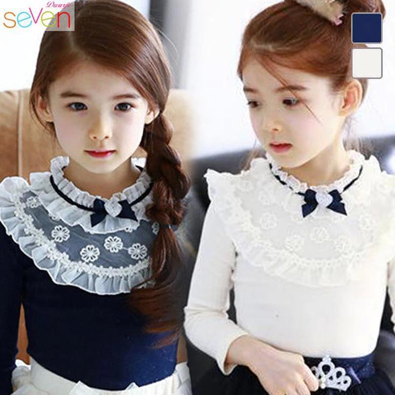 Korean Exquisite Girls' Cotton Lace T-Shirt - Long Sleeve, Round Neck