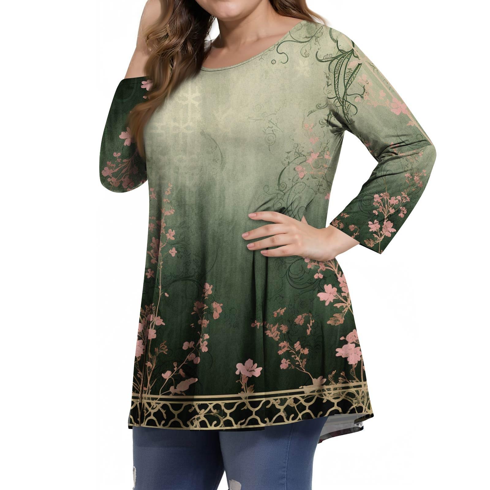 

Women s Fashion Casual Print Round Neck 3/4 Sleeve T-Shirt Top XXXL зелений