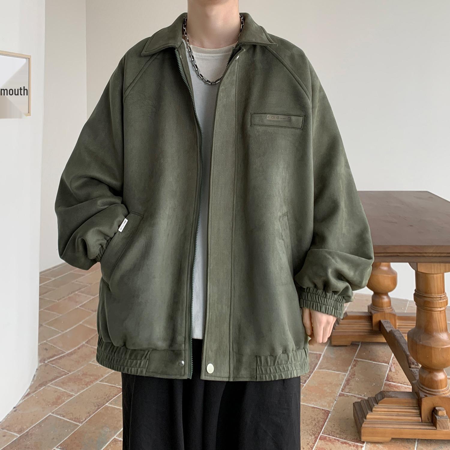 

Men s Suede Velvet Jacket: Spring/Autumn Casual Loose Lapel for Cool Street Style Teens XL зелений