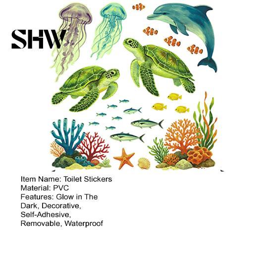 Underwater World Toilet Seat Decals Ocean Themed Glow In The Dark Stickers, Waterproof PVC Marine Life for Bathroom Stickers Wall Decor, Dolphins