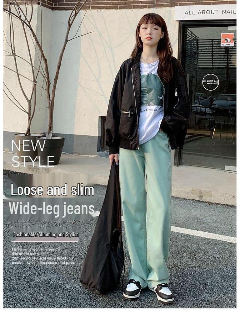 Mint Green Plus Size High-Waisted Wide-Leg Floor-Length Jeans for Women