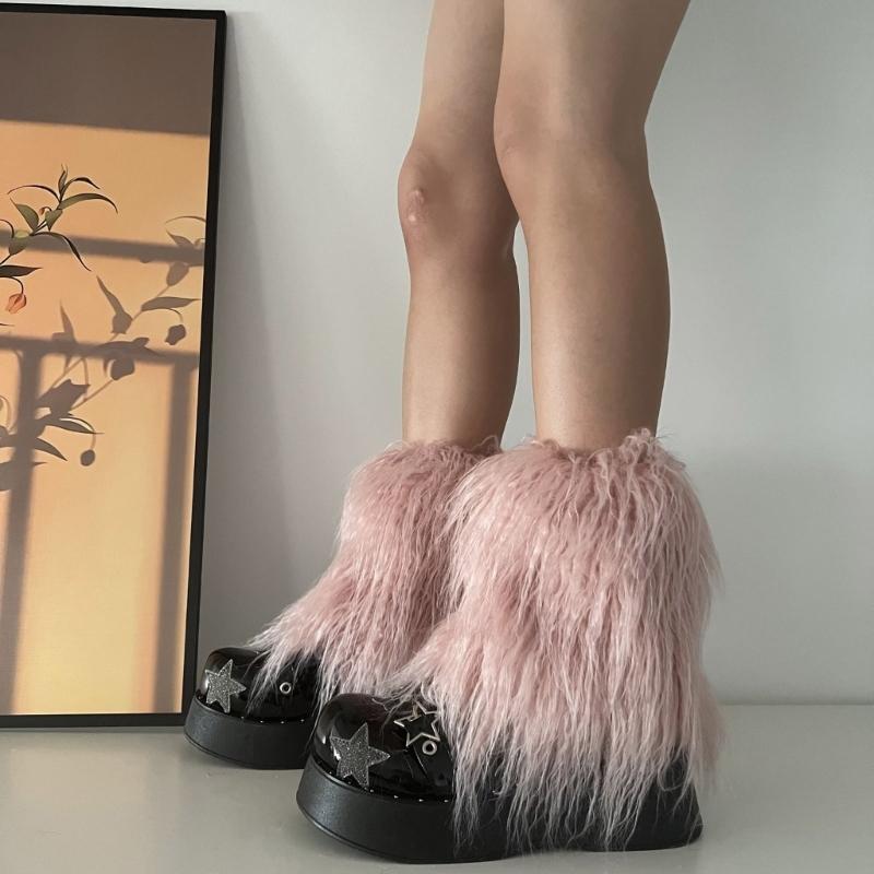 Fuzzy Faux Furs Leg Warmers Furs Heels Long Boots Cuffs Cover Has Elastic One Pair Carnivals Boot Cover Y2K JK Uniform