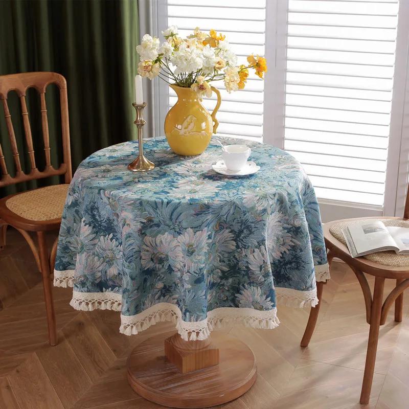 Floral Linen Cotton Tablecloth With Tassel Blue Retro Table Table Cover Round Dining Table Cover Tea Cloth Desktop Decoratio
