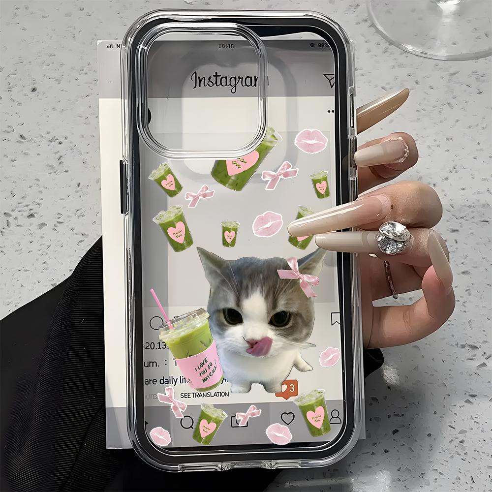 Cute Matcha Cat Pattern 2in1 Clear Phone Case For Samsung Galaxy S26 Ultra S25 S23 FE S24 S22 A57 A37 A55 A54 A36 A35 A16 Cover