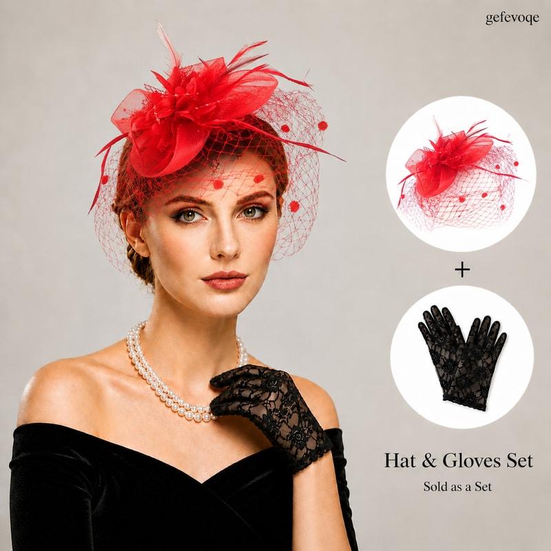 Fascinator Hat With Flower And Veil And Lace Gloves Set For Women Wedding Guest Cocktail Party Royal Ascot Formal Events