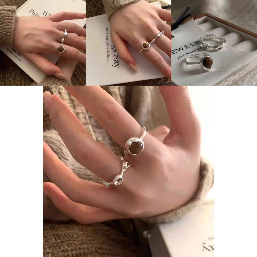 Luxury Korean Geometric Tiger Eye Stone Ring For Women Stylish Adjustable Copper Design