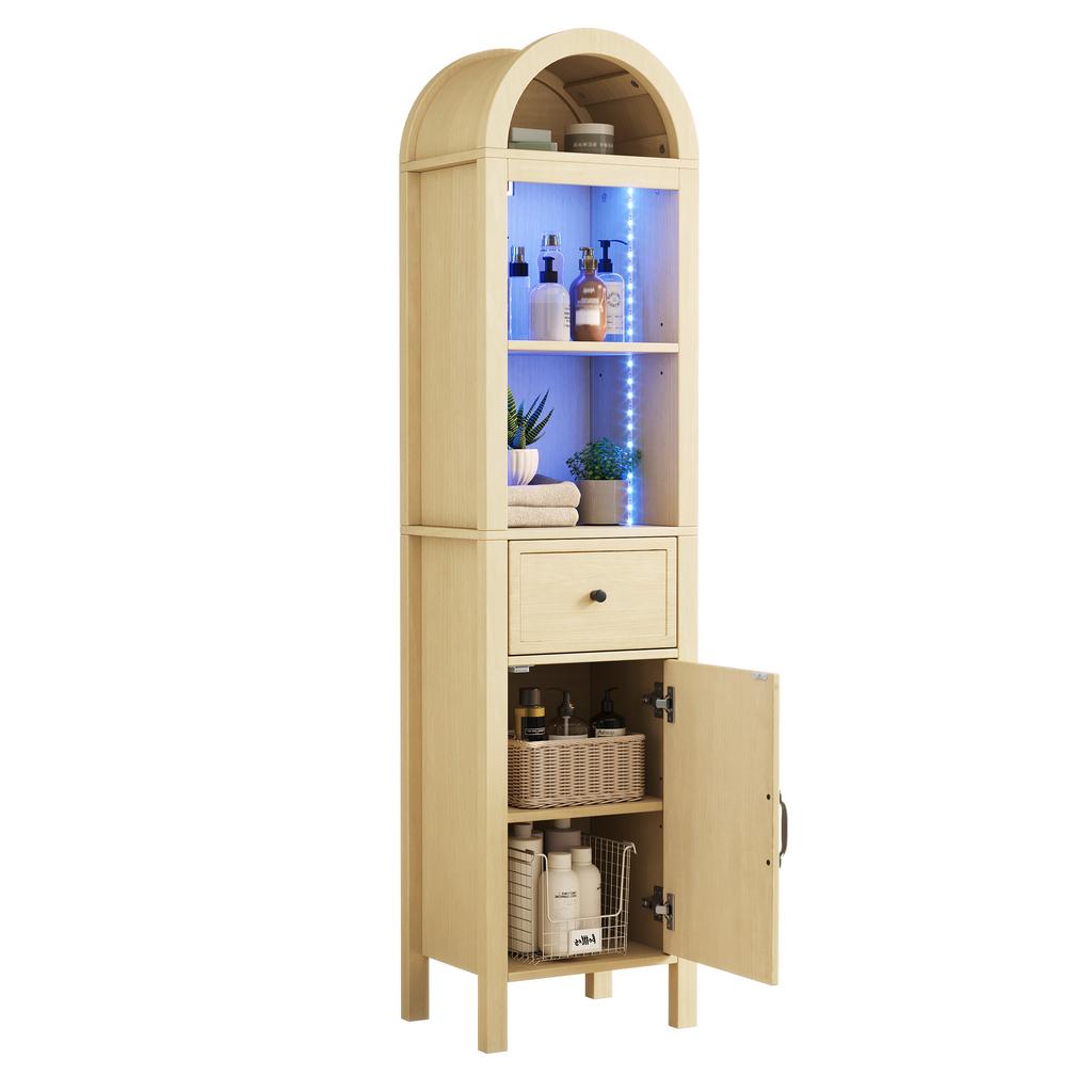 Tall Freestanding Bathroom Cabinet, Arched Top, LED, Reversible Door, Drawer, Magnetic Closure, Soft-Close Hinges, 40×30×163 Cm, Natural Wood Color