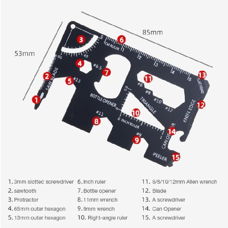 15 in 1 Survival Combination Tool Card Stainless Steel Survival Pocket Tool