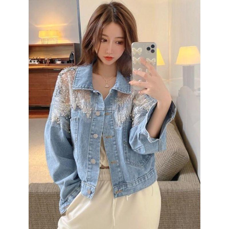 Internet Celebrity Beads Rhinestones Denim Outwear Female Spring & Fall 2024 Loose Slim Looking Fashion Wind Mesh Jacket Tops Tide