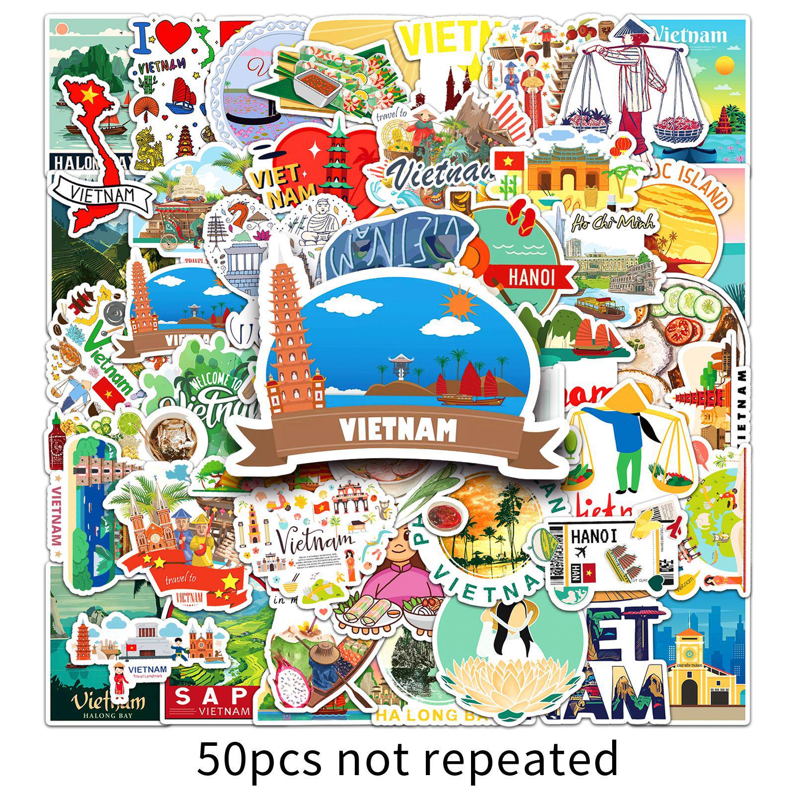 Vietnam Scenery Cartoon Stickers - 50 Waterproof Decorative Sheets for Journals, Check-ins, and Outdoor Travel.