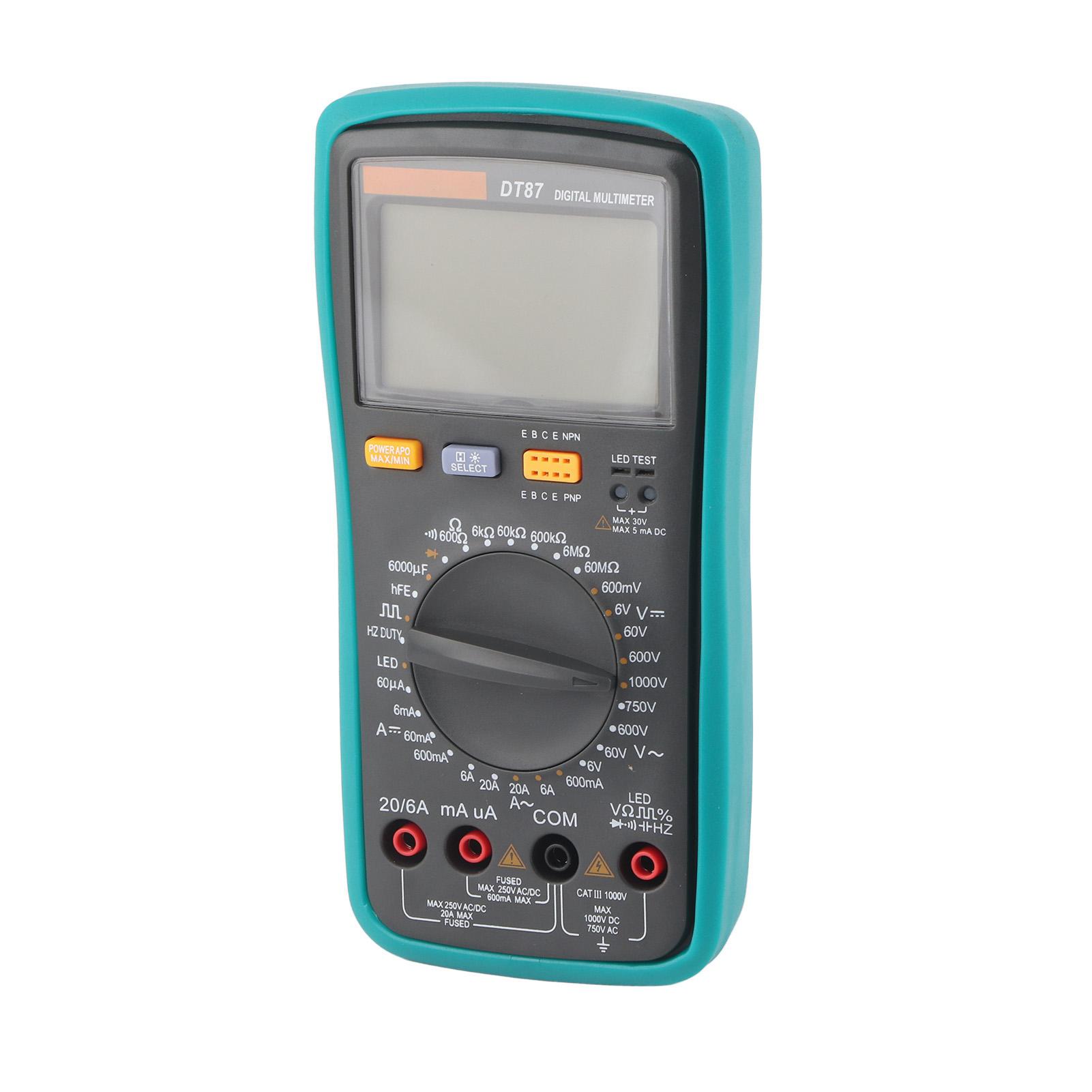 

DT87 Multimeter 6000 Counts ACDC Volt Amp Ohm Capacitance Frequency Duty Cycle Diode Test