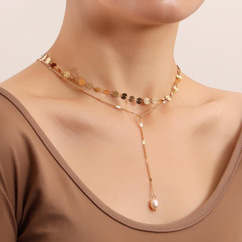 Fashion Trend Design Metal Accessories Women, Double Round Sequin Pearl Tassel Necklace