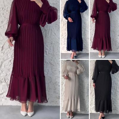 Women Evening Dress Pleated A-line Long Lantern Sleeves Pleated See-through Mesh Stand