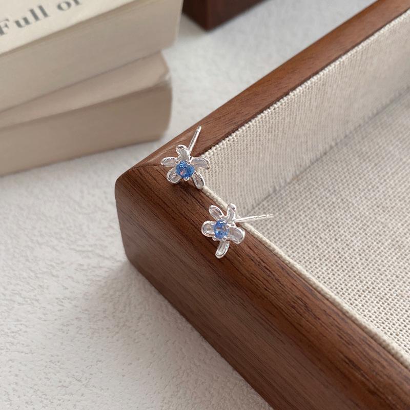 S999 Sterling Silver Blue Zircon Flower Stud Earrings for Women - Niche Design, Luxurious, Versatile