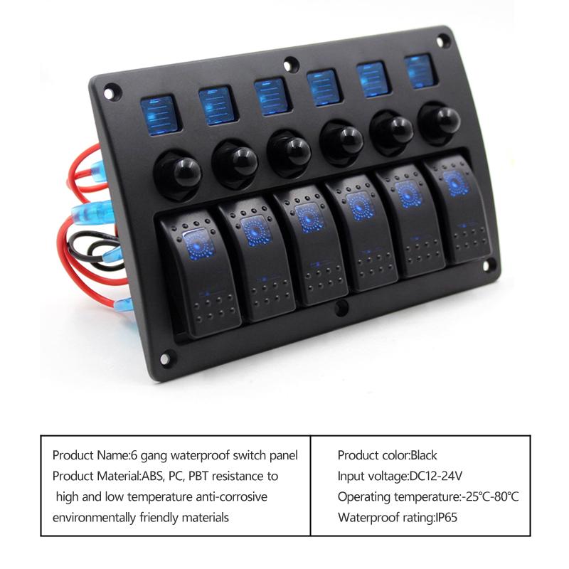 6Gang Rocker Switch Panel LED Light Marine Boat Car Dash Mount USB Voltmeter 12V