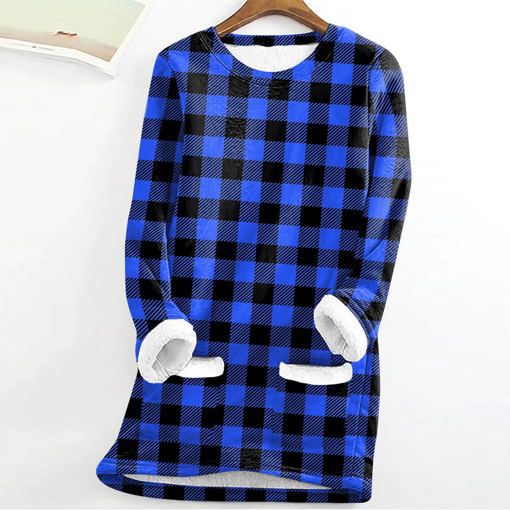 Women's Fashion Plaid Print Round Neck Long Sleeve Plush Winter Warm Pullover Top