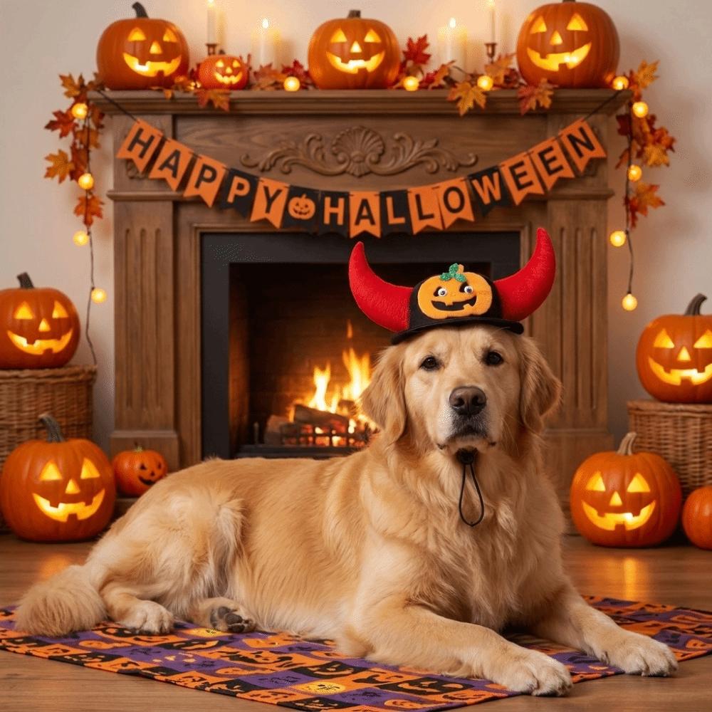 Adjustable Pumpkin Devil Horn Pet Hat Pumpkin Pattern Lightweight Dog Halloween Headwear Breathable Halloween Funny Cat Hat