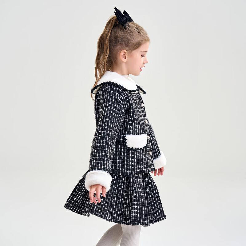Mengtejiao Girls' Winter Padded Furry Lapel Coat & Skirt Set