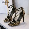 Sexy 10.5CM High Heels Women Stiletto Suede Leopard Black Pumps Square Head Peep Toe High Heeled Sandals Ankle Buckle Shoes