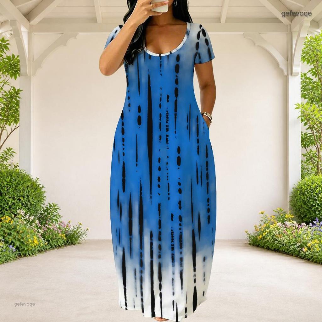 Women Plus Size Round Neck Short Sleeve Blue White Printed Loose Maxi Dress With Side Pockets