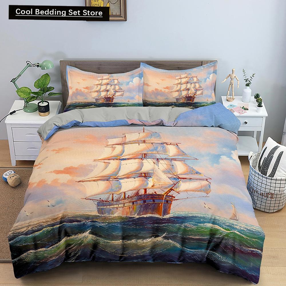 Nautical Sailboat Duvet Cover Queen King Size 3D Oil Painting Boat Style Bedding Set Ocean Soft 2/3pcs Polyester Quilt Cover