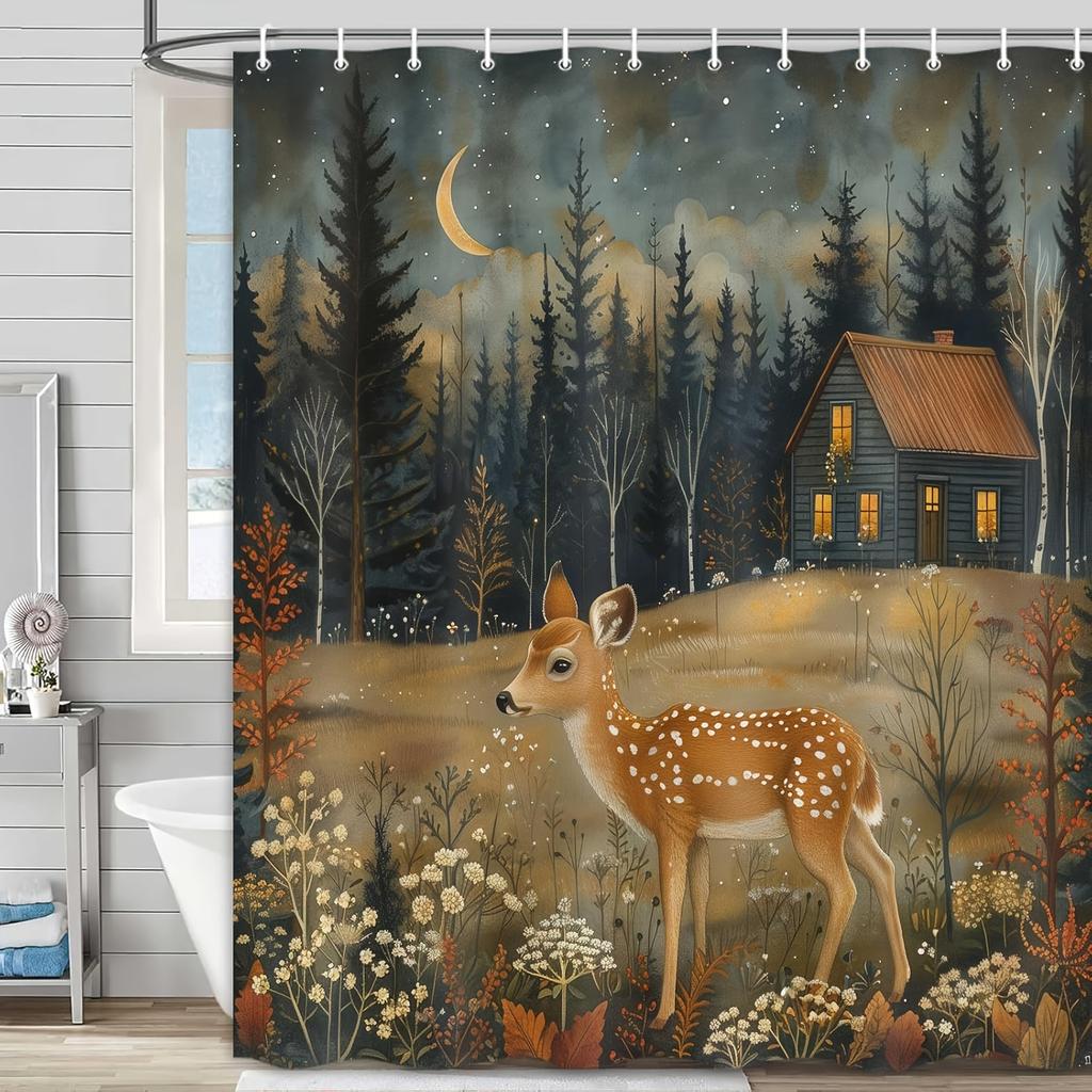 Enchanting forest cabin shower curtain - Deer hanging on the living room wall in the moonlit forest, bedroom decoration -natural