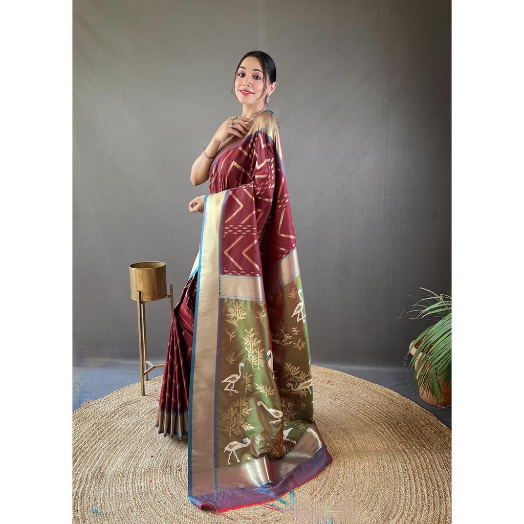 Pure Soft Silk Saree with Beautiful Zig Zag Viscose Zari Design with Zari Patta and Rich Ikkat Weaving Pallu