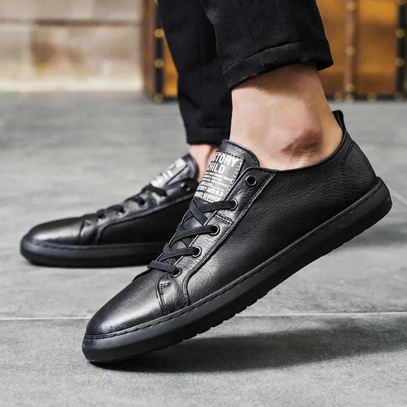 2024 Mens Sneakers Genuine Leather Leisure Walk Outdoor Shoes Men Casual Handmade Footwear Brand High Quality Orange Soft Flats