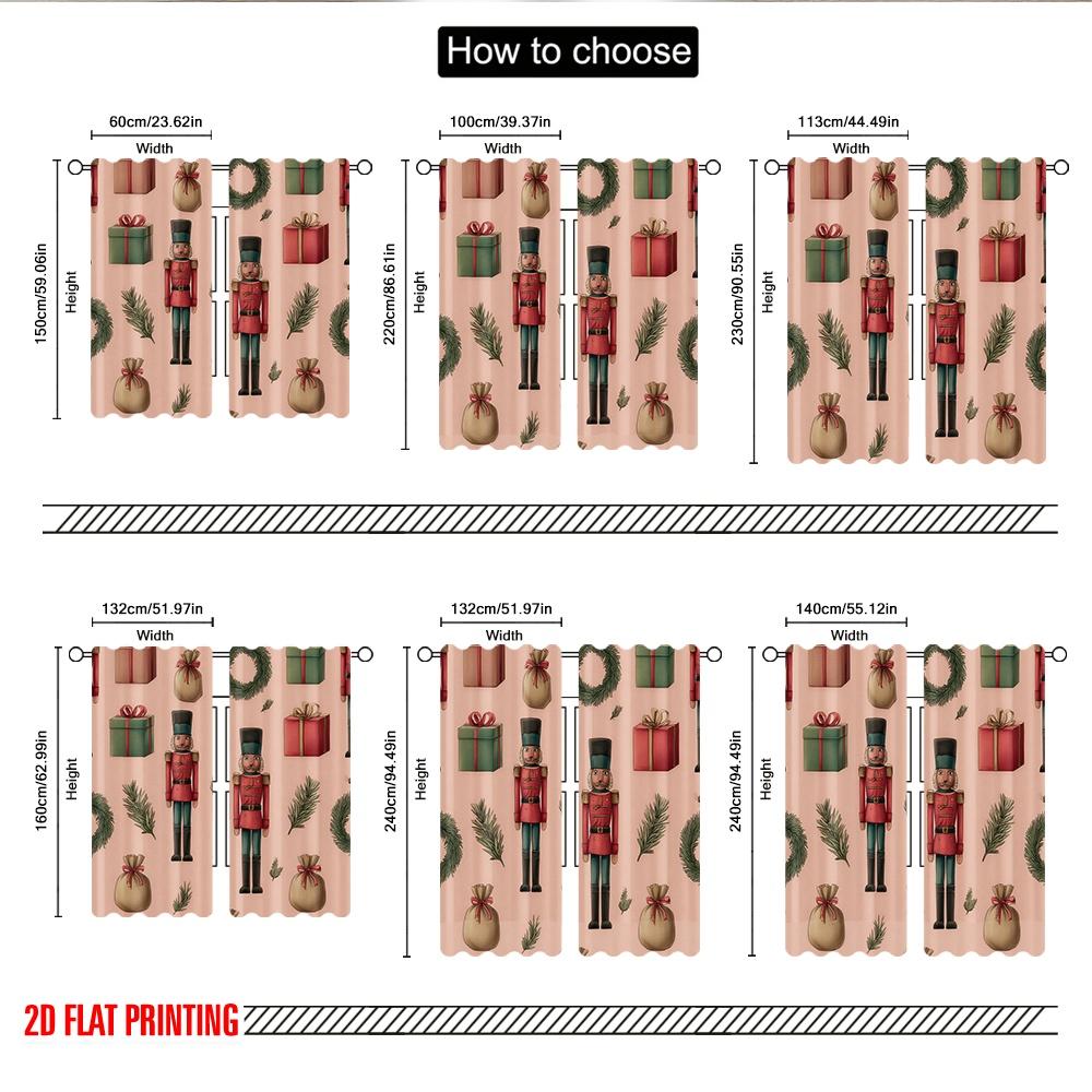 2pcs 2D flat printing Christmas Curtains Christmas Nutcracker Gift Wreath Digital Printed Polyester Drapes Family Party Use for