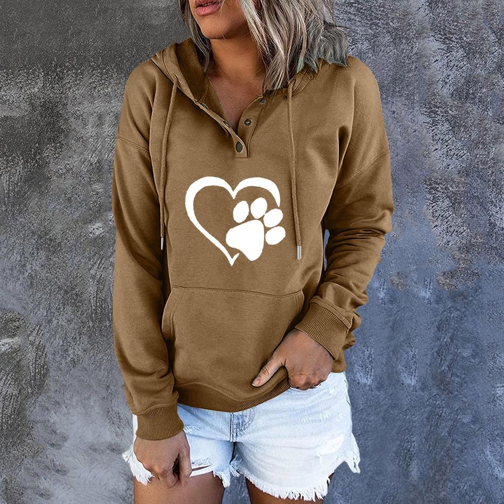 Women's Fashion Casual Loose Love Printed Button Drawstring Stitching Long-sleeved Kangaroo-pocket Hooded Sweatshirt
