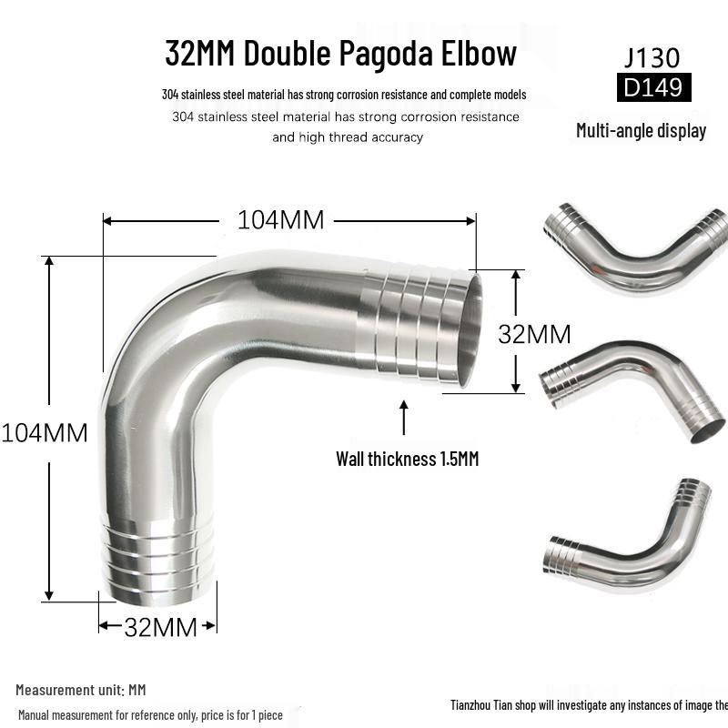 304 Stainless Steel 90° Welded Elbow Hose Fitting - Sizes 6, 8, 10, 12