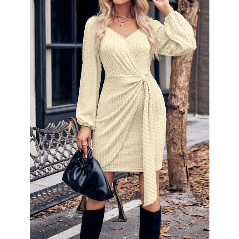 Jarní a podzimní dámské šaty Trendy jednobarevné tenké dámské šaty s výstřihem do V se zavazováním do pasu