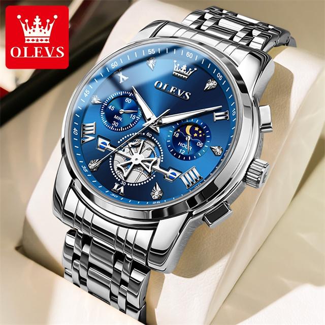 OLEVS Original Quartz Watch for Men Trendy Skeleton Flywheel Design Waterproof 24 Hour Moon Phase Chronograph Men's Watches 2856