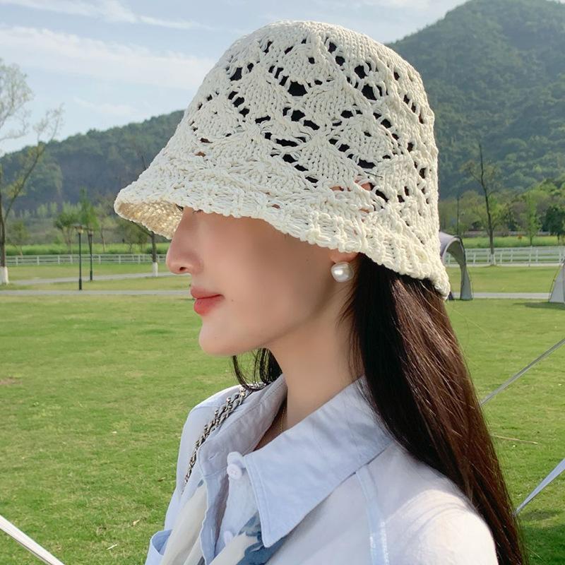Women Hollow Floral Crochet Bucket Hat Breathable Openwork Knit Fisherman Cap Lightweight Wide Brim Sun Hat one size